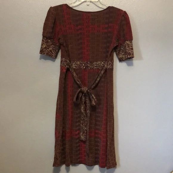 Custo Repainted dress Women's Size 2 short sleeve red brown gold 100% cotton EUC - Picture 8 of 13